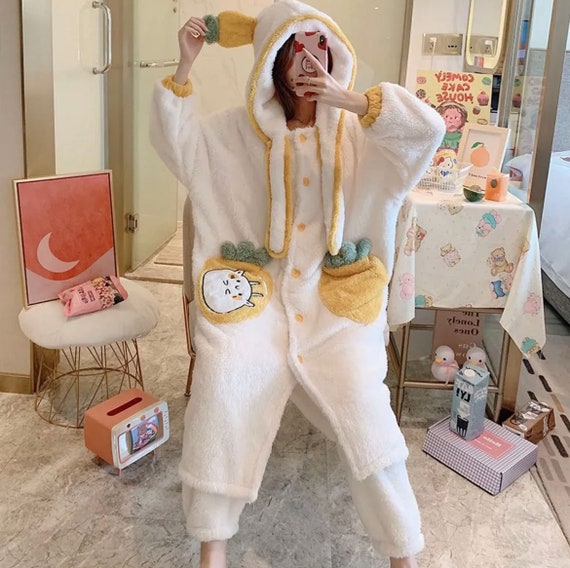 Super Soft Thick Pajamas Set With Hood | Warm Cozy Fleece Adults Homewear |  Fluffy Button Up Robe And Pants Sleepwear | Cute Animal Costume