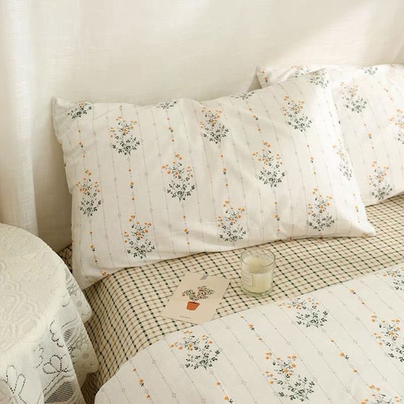 Vertical Stripe White Duvet Cover Set Vintage Floral Bedding Set Soft  Cotton Comforter Quilt Cover Orange Flower Green Vines Bed Set 