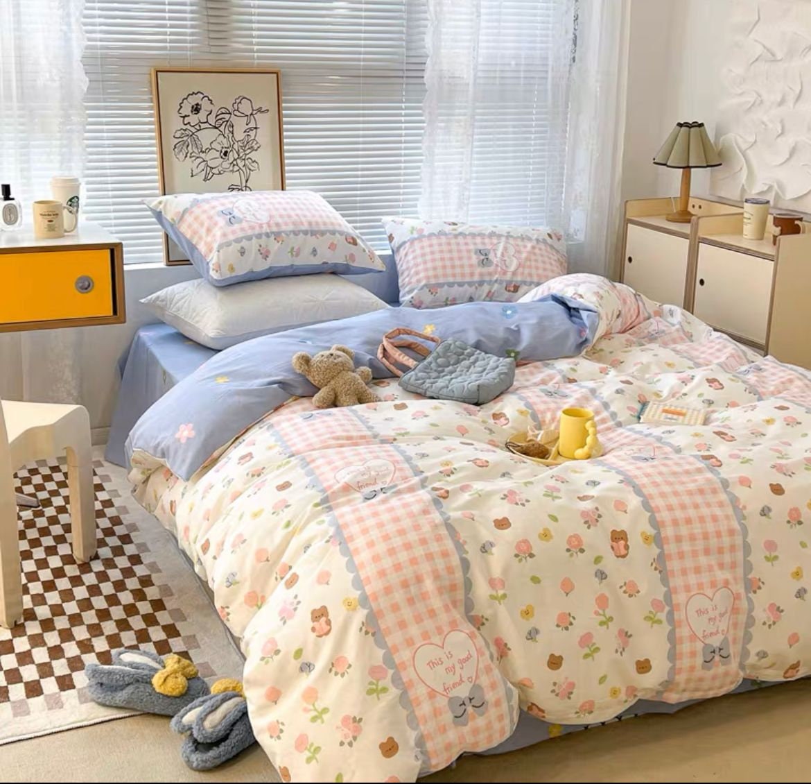 Pink Teddy Bear Pattern Aesthetic Kawaii Cute Cotton Bedding Duvet