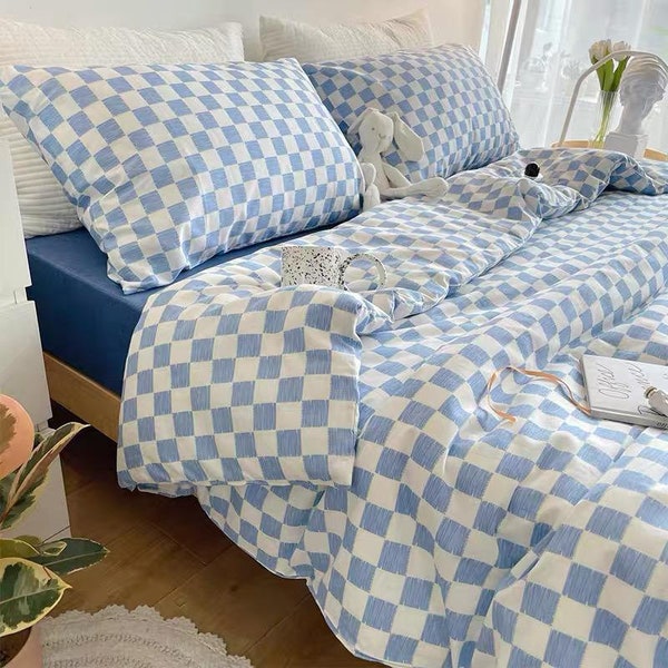 Geometric Blue and White Chessboard Duvet Cover Set | Gingham Check Plaid Bedding Set | Chess Checkered Patch Comforter Quilt Cover Bed Set