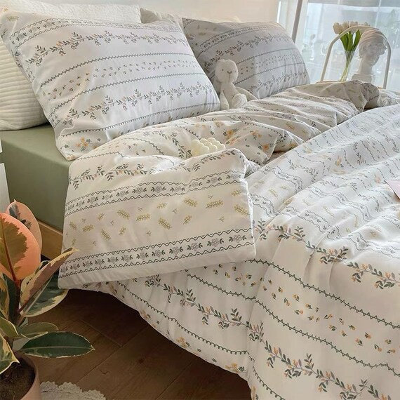 Boho Floral Duvet Cover Set Twin Queen White Bedding Set Soft