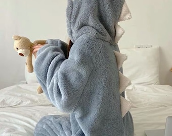 Super Soft One Piece Dinosaur Hoodie Pajamas | Warm Comfy Fleece Adults Sleepwear | Cozy Velvet Zipper Homewear | Thick Cute Animal Costume