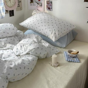 Small Blue Roses on White Duvet Cover Set | Miniature Floral Little Dot Bedding Set | Full Queen Comforter Quilt Bed Cover | Dorm Bedding