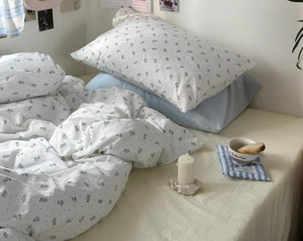 Small Blue Roses on White Duvet Cover Set | Miniature Floral Little Dot Bedding Set | Full Queen Comforter Quilt Bed Cover | Dorm Bedding