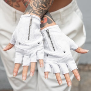 Off White Cotton MOJO MOTO GLOVES by Five and Diamond - Fingerless Driving Glove, Festival Fashion, Vegan, Fire Safe, Unisex