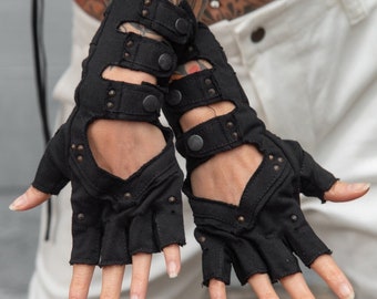 COTTON MINARET GLOVES - Super Soft Black Cotton Fingerless Gloves, Driving Glove with snaps, Fire Safe Gloves, Festival Gloves, Goth