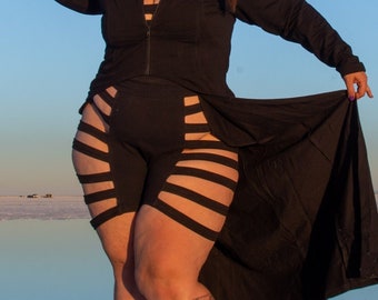 Black Curve DELILA SHORTS by Five and Diamond, Sexy Booty Cut Cage Bottoms, Strappy Streetwear, Burning man, Festival Fashion, Plus Size