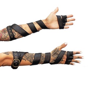 Black CROW GLOVES - Black Leather Strappy Fingerless Gloves, Arm Gauntlets, Long Leather Gloves, Cosplay Gloves, Festival Gloves, Cyberpunk