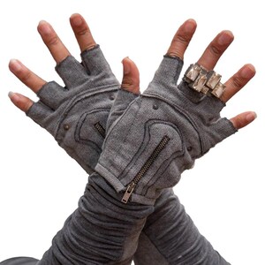 Grey MOJO MOTO GLOVES - Gray Cotton Driving Gloves With Zipper, Fingerless Gloves, Festival Gloves, Cosplay, Vegan Gloves, Fire Safe Gloves