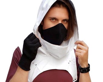 White WASTELAND COWL HOOD - White Cotton Oversize Hood With Cowl Neck, Wind Protection, Cosplay Hood, Festival Hood, Fire Safe Hood