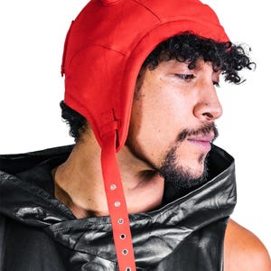 Red DEVIL FLIGHT HELMET - Red Cotton Devil Hat With Stuffed Horns, Bomber Helmet, Devil Horns, Fire Safe Festival Hat, Devil Cosplay