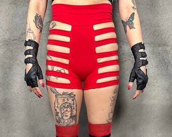 DELILA CAGE SHORTS - Red Womens Shorts With Sexy Open Cage Detail, Festival Shorts, Party Shorts, Fire Safe Shorts, Strappy Booty Cut Shorts