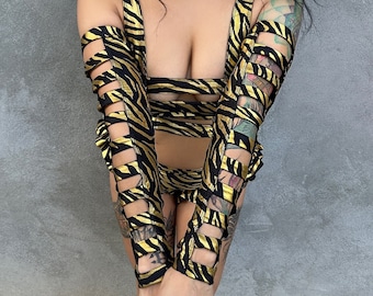 Zebra CAGE ARMS By Five and Diamond - Black and Gold, Strappy, Arm accessorys, Festival Fashion, Goth, Rave, Sexy