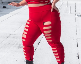 DELUXE CAGE LEGGINGS - Red Cotton Womens Bottoms With Cut Out Detail, Sexy Devil Costume, Fire Safe Leggings, Festival Leggings, Cyberpunk