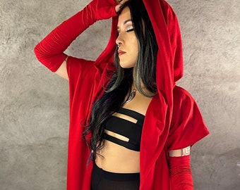 BOXING ROBE - Red Cotton Hooded Top, Sleeveless Cover Up, Sleeveless Hoodie, Fire Safe Top, Devil Costume, Festival Top,