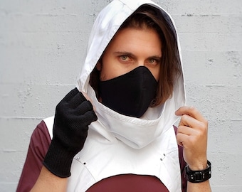 WASTELAND COWL HOOD - White Cotton Oversize Pull Over Hood With Cowl Neck, Wind Protection, Cosplay Hood, Festival Hood, Fire Safe Hood