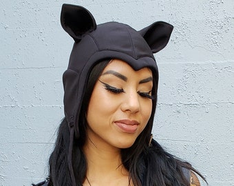 BLACK SHEEP HELMET - Black Cotton Animal Hat With Ears, Unique Festival Hat, Bomber Helmet, Animal Hat, Fire Safe, Flight Helmet With Ears