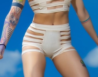 DELILA SHORTS by Five and Diamond - Sexy Cream Nylon Womens Cage Shorts, Booty Cut Swim Shorts, Goth Rave Streetwear Cosplay Fifth Element