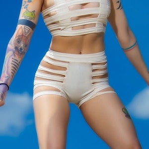 DELILA SHORTS by Five and Diamond - Sexy Cream Nylon Womens Cage Shorts, Booty Cut Swim Shorts, Goth Rave Streetwear Cosplay Fifth Element