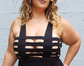 DELUXE CAGE BRA - Black Cotton Strappy Womens Bra Top, Sexy Party Top W Just Enough Coverage, Fire Safe Top, Plus Size Festival Top, Goth