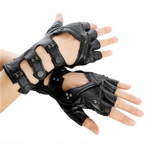 LEATHER MINARET GLOVES Super Soft Black Goat Leather Fingerless Gloves, Driving Glove with snaps, Fire Safe Gloves, Festival Gloves, Goth image 2