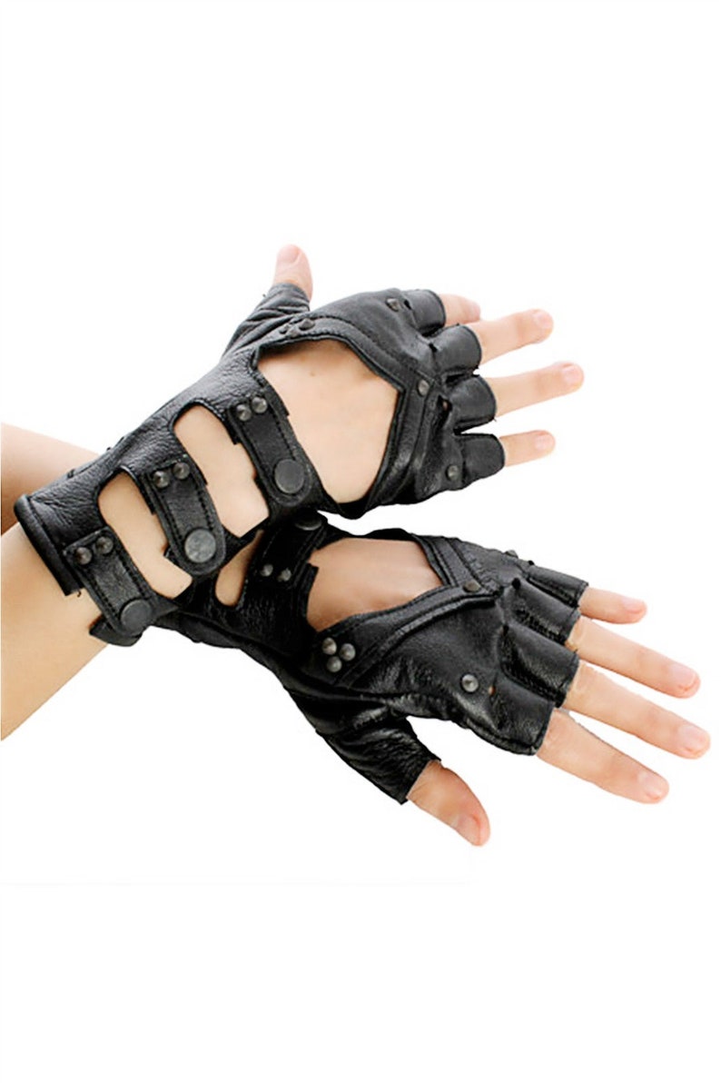 LEATHER MINARET GLOVES Super Soft Black Goat Leather Fingerless Gloves, Driving Glove with snaps, Fire Safe Gloves, Festival Gloves, Goth image 2