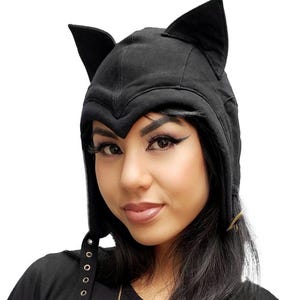 Black CAT FLIGHT HELMET - Black Cotton Hat With Ears, Fun Festival Hat, Bomber Helmet, Kitty Ear Hat, Fire Safe Hat, Cosplay Cat Hat, Goth