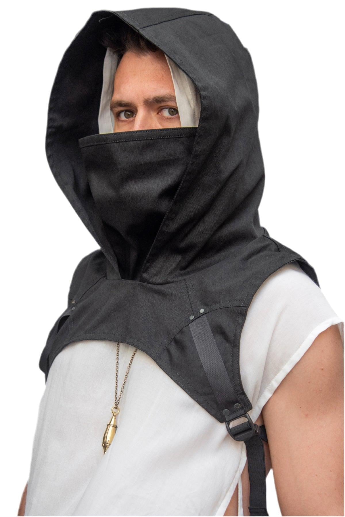 Black WASTELAND COWL HOOD - Black Cotton Oversize Hood With Large Cowl Neck, Wind Protection, Cosplay Hood, Festival Hood, Fire Safe Hood