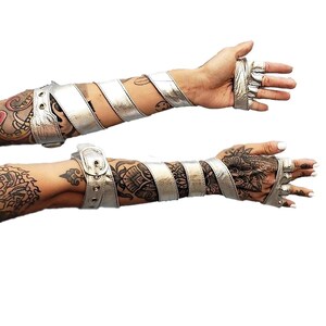 Silver CROW GLOVES - Silver Leather Strappy Fingerless Gloves, Arm Gauntlets, Long Leather Gloves, Cosplay Gloves, Festival Glove, Cyberpunk
