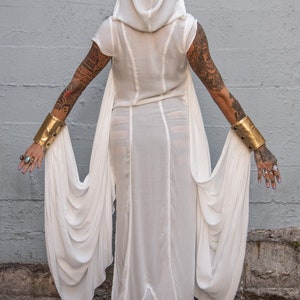 PRIESTESS ROBE White Flowing Dress With Wings & Gold Leather Cuffs, Goddess Dress, Festival Dress, Dance Dress, Hooded Dress, image 5