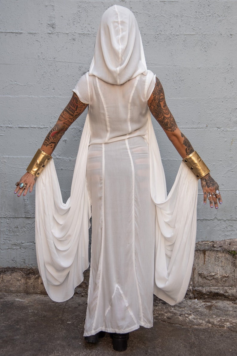 PRIESTESS ROBE White Flowing Dress With Wings & Gold Leather Cuffs, Goddess Dress, Festival Dress, Dance Dress, Hooded Dress, image 5