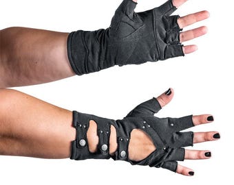 Black COTTON MINARET GLOVES - Super Soft Black Cotton Fingerless Gloves With Snap Closure, Driving Gloves, Fire Safe Gloves, Festival Gloves