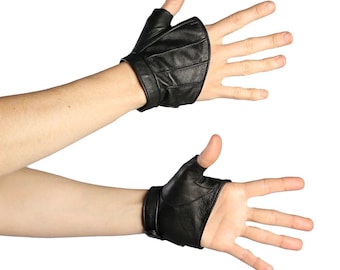 Black LEATHER CROP GLOVE - Black Soft Leather Fingerless Gloves With Snap Closure, Leather Driving Gloves, Festival Gloves, Cosplay Gloves