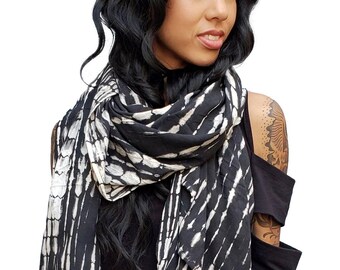 BATIK SCARF - Large Comfortable Rayon Scarf With Hand Dyed Black & White Print, Oversized Stylish Wrap, Perfect For Warmth Or Sun Coverage