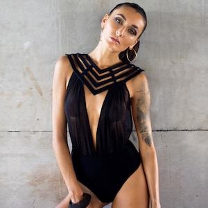 Black Mesh HERA ONE PIECE By Five and Diamond x Stellar Dust Sexy, Womans Swim Romper, Jumper, Goth, Festival Fashion image 1