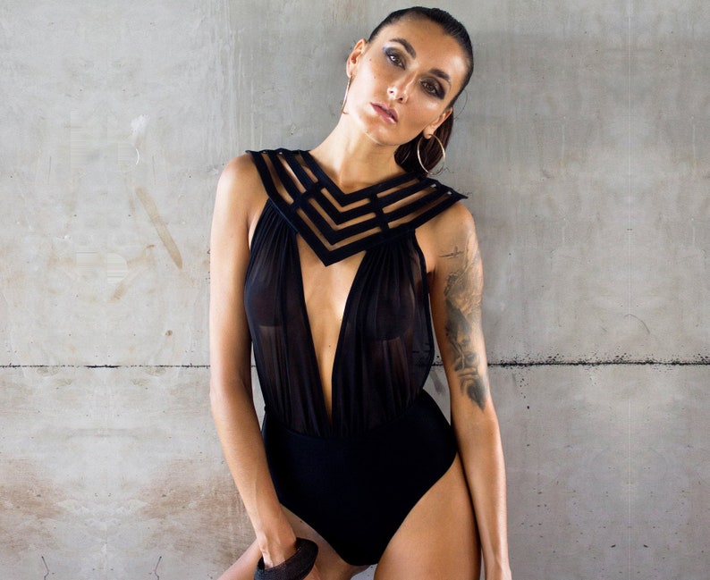 Black Mesh HERA ONE PIECE By Five and Diamond x Stellar Dust Sexy, Womans Swim Romper, Jumper, Goth, Festival Fashion image 1