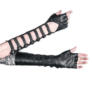 Black LEATHER MINARET GAUNTLETS - Extra Long Black Leather Fingerless Gloves With Snap Closure, Driving Gloves, Fire Safe Gloves,