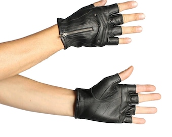 Black Leather Fingerless Gloves – Moto Goth Gloves with Zipper, Fire Safe Driving Gloves