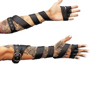 Black CROW GLOVES - Black Leather Strappy Fingerless Gloves, Arm Gauntlets, Long Leather Gloves, Cosplay Gloves, Festival Gloves, Cyberpunk
