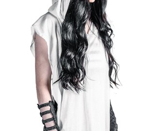White MOON TUNIC By Five and Diamond x Threadriot - Unisex White Combed Cotton Top With Oversize Hood, Great Cover up