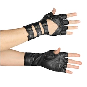 Black LEATHER MINARET GLOVES - Super Soft Black Goat Leather Fingerless Gloves, Driving Glove with snaps, Fire Safe Gloves, Festival Gloves,