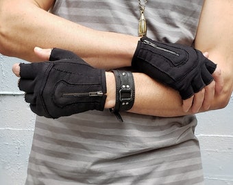 MOJO MOTO GLOVES - Black Cotton Driving Gloves With Zipper, Fingerless Gloves, Festival Gloves, Cosplay, Vegan Gloves, Fire Safe Gloves