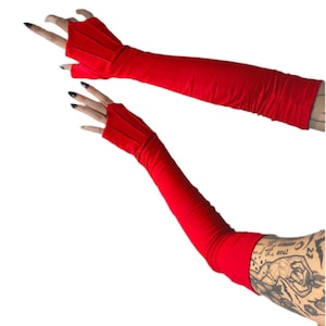 Red OMEGA GLOVES - Red Cotton Opera Length Fingerless Gloves, Fire Safe Gloves, Festival Fashion, Devil Costume, Unisex Cosplay Gloves