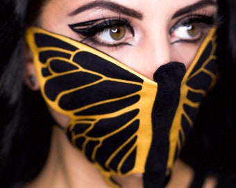 MASQUE PAPILLON - Couvre-visage en coton noir doux avec imprimé doré, masque anti-poussière de festival, masque animal, masque gothique, masque rave, masque cosplay