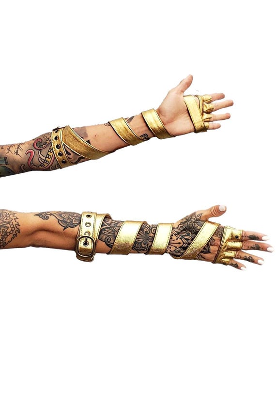 Gold CROW GLOVES - Gold Leather Strappy Fingerless Gloves, Arm Gauntlets, Long Leather Gloves, Cosplay Gloves, Festival Gloves, Cyberpunk
