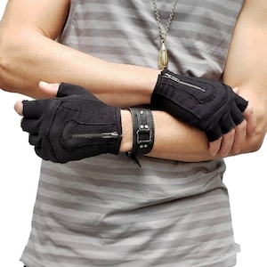 GUANTES MOJO MOTO NEGROS - Guantes de conducir de algodón negro con cremallera, sin dedos, para festivales, veganos y resistentes al fuego.