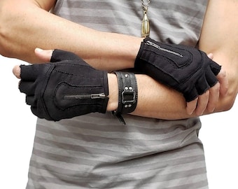 Black MOJO MOTO GLOVES - Black Cotton Driving Gloves With Zipper, Fingerless Gloves, Festival Gloves, Vegan Gloves, Fire Safe Gloves