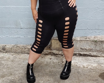 Plus Size Black CAGE CAPRI by Stellar Dust X Five and Diamond Womens Leggings Sexy Goth Rave Festival Fashion Burningman