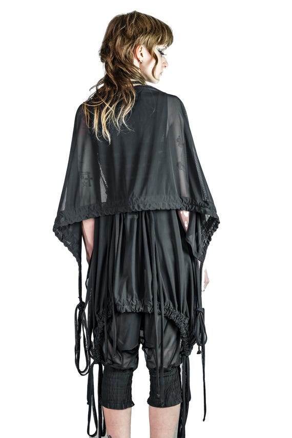 Black MESH CONVERSION VEST - Transformable Black Hooded Top With Cinch Detail, Unisex Layering Piece, Festival Fashion, Pull Over, Goth Top