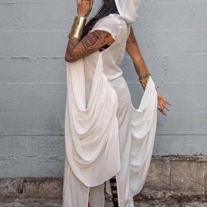 PRIESTESS ROBE White Flowing Dress With Wings & Gold Leather Cuffs, Goddess Dress, Festival Dress, Dance Dress, Hooded Dress, image 4